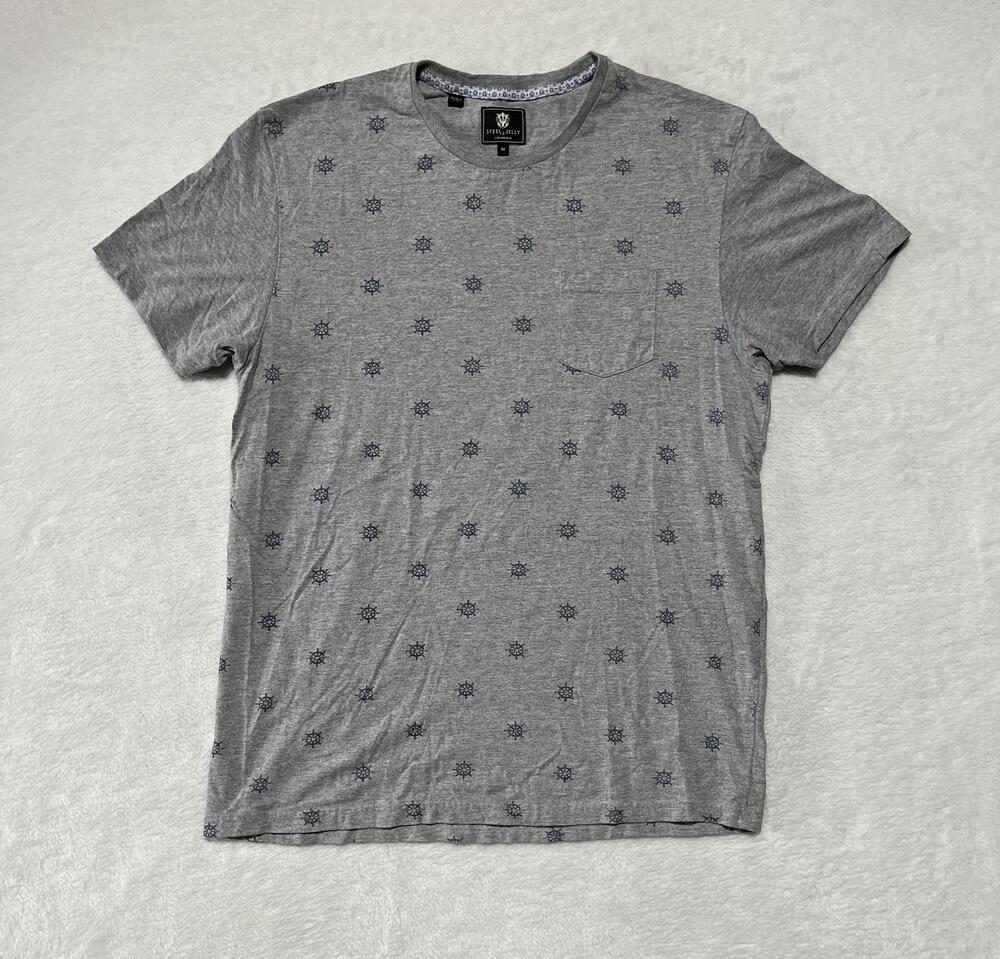 Steel & Jelly Shirt Mens Medium Gray Nautical Wheel Print Pocket Tee Soft Cotton